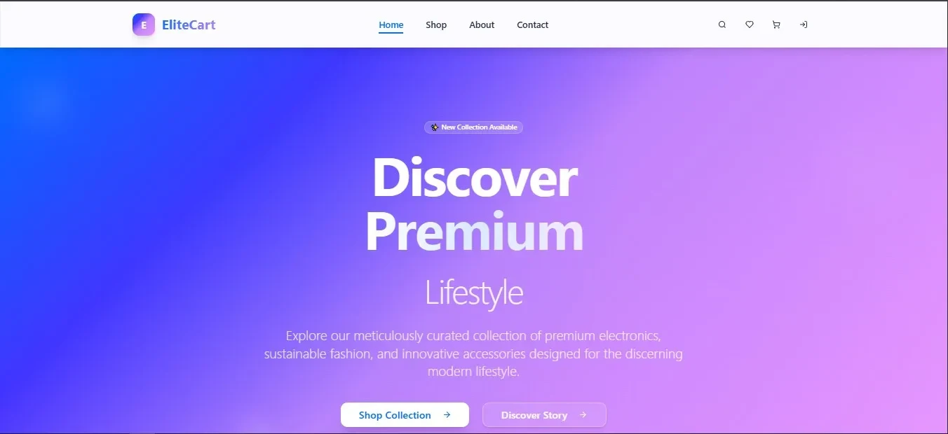 EliteCart retail storefront with product catalogue and shopping interface