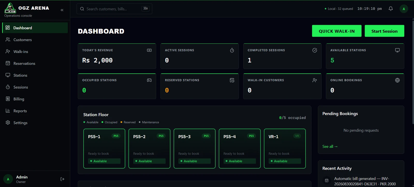 OGz Gaming Arena dashboard with live sessions, station availability, bookings, and operations navigation