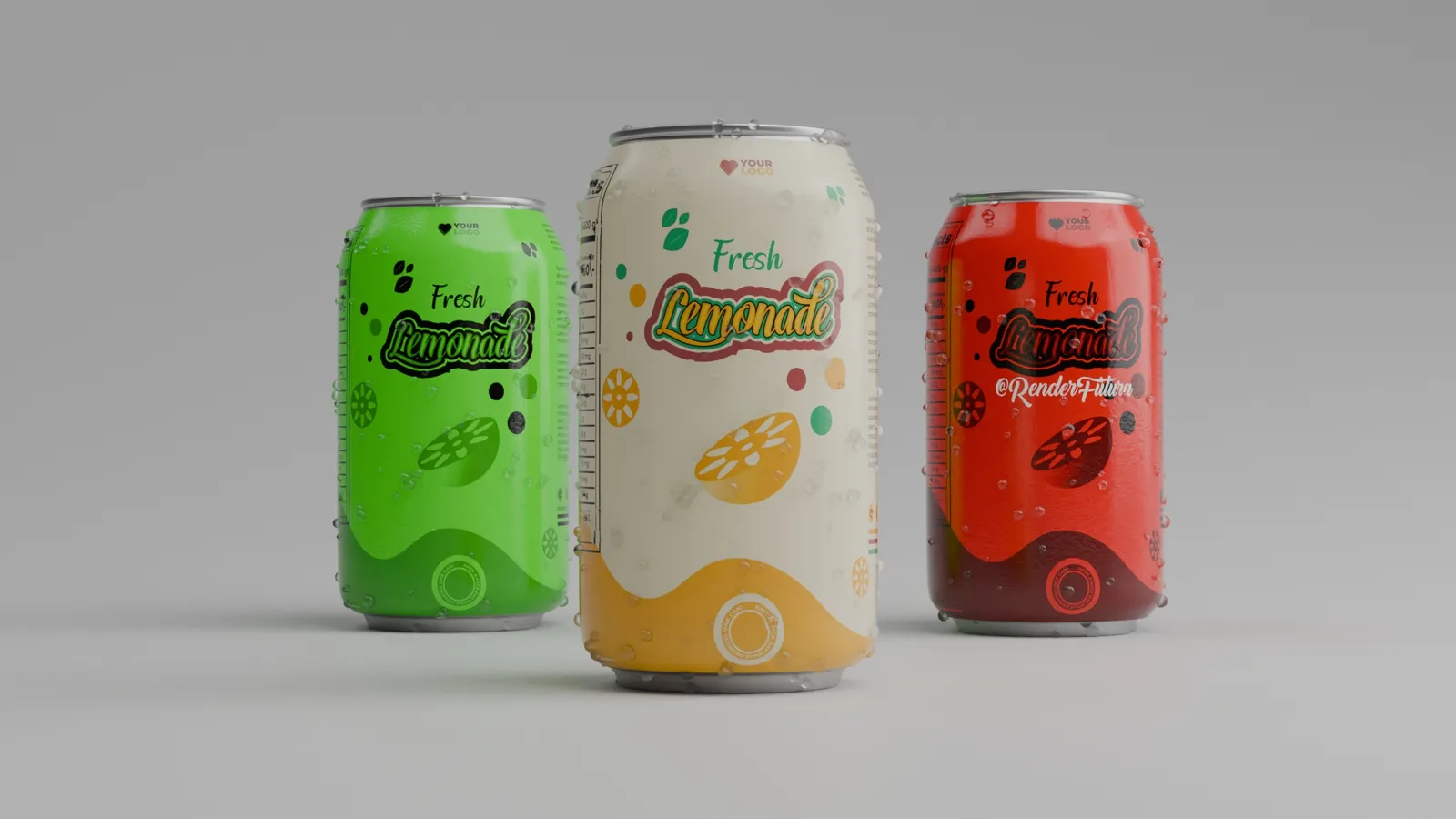 Three rendered lemonade cans with different label colours and condensation