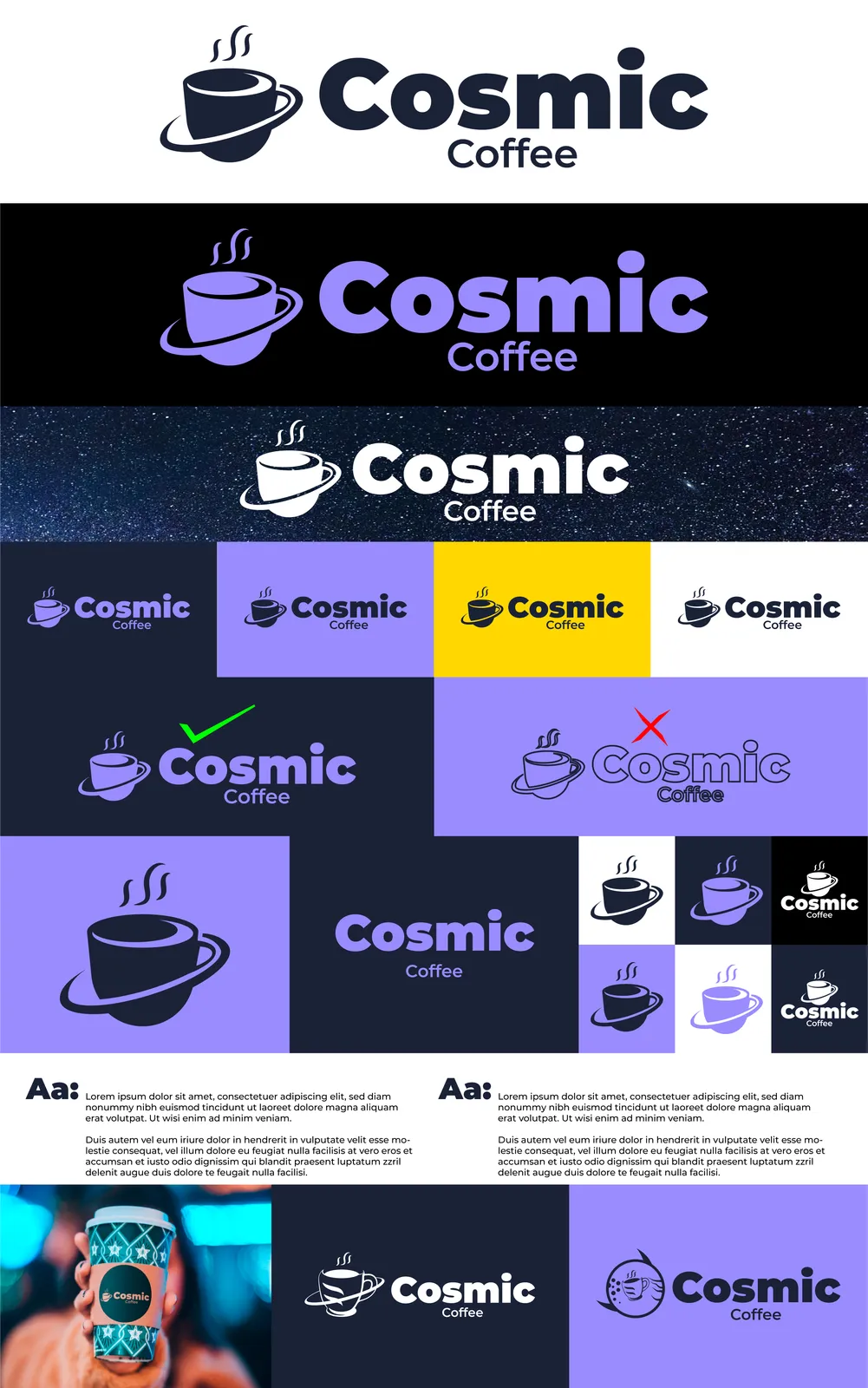 Cosmic Coffee logo, colour variations, and cup mockup presented on one board