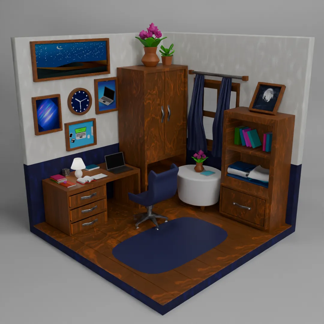 Isometric 3D study room with desk, shelving, and a night-sky wall