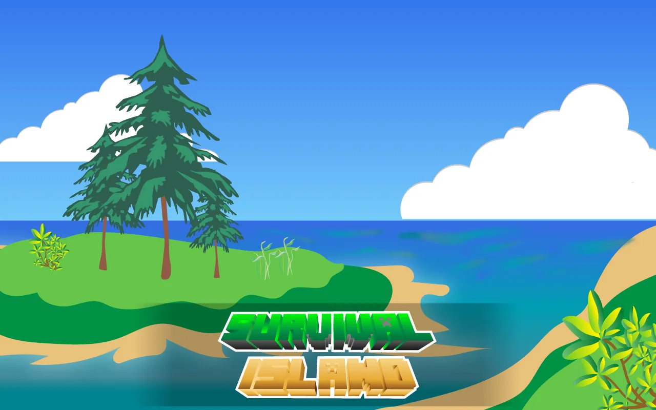 Flat survival island landscape illustration with trees and title lettering