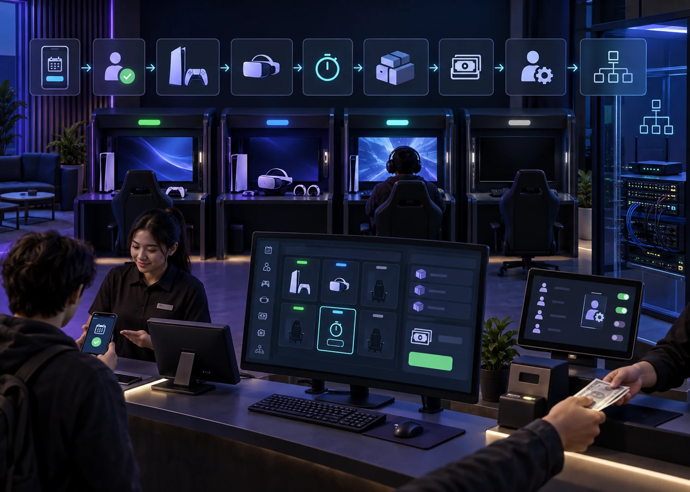 gaming lounge management platform, original ZYFISTA illustration