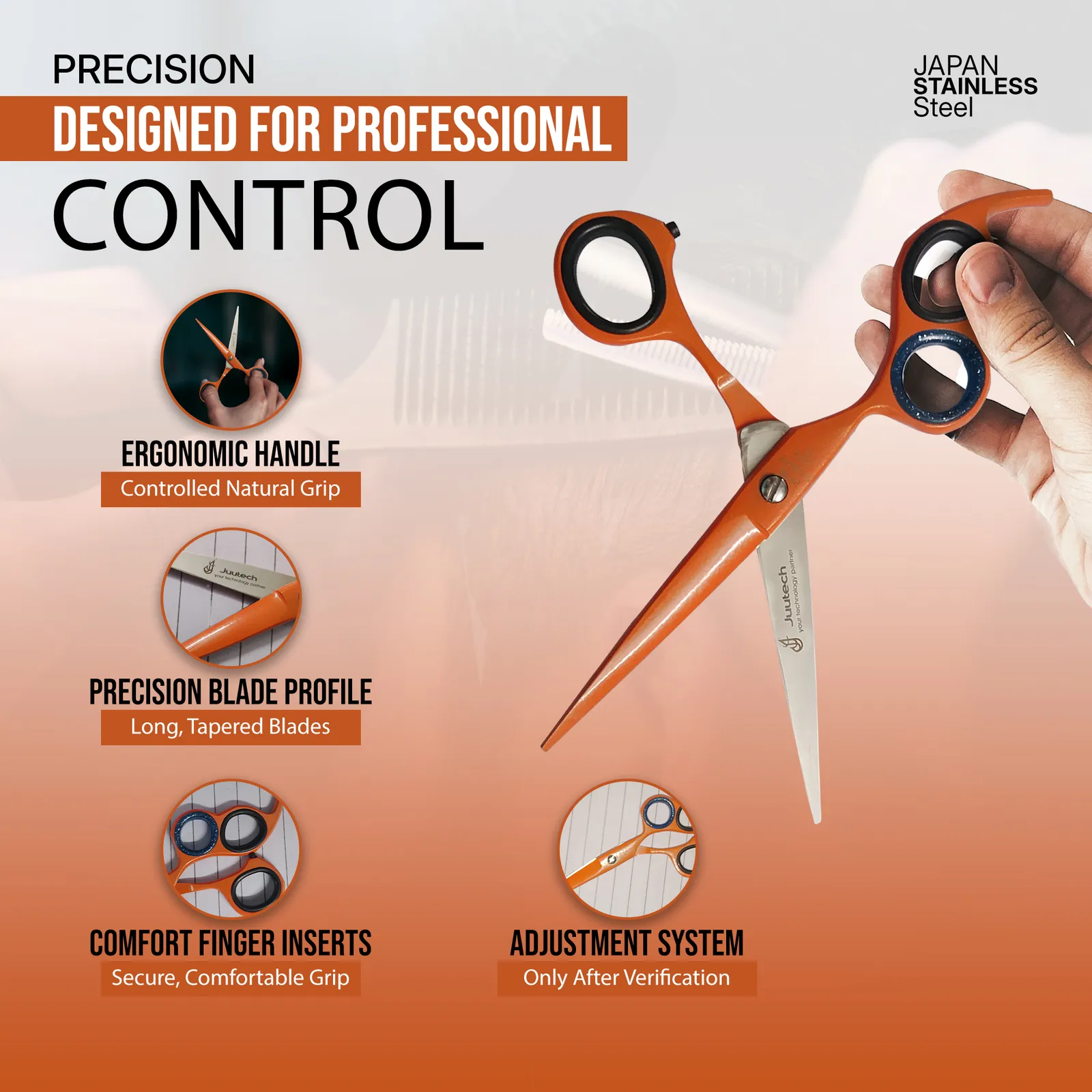 Professional scissors listing graphic with feature callouts